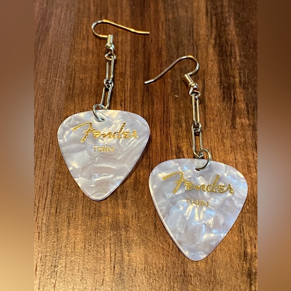Pearl White Fender Guitar Pick Earrings - Picture 1 of 2